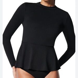 NWOT SPANX Long Sleeve Peplum Swim Top Rash Guard – Black – Size L